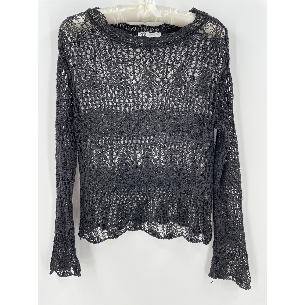 Zara Womens Black Open Knit Crochet Long Sleeve Top Scalloped Hem S Whimsygoth